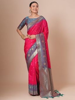 Akhilam - Pink Women's Silk Blend Woven Saree with Unstitched Blouse