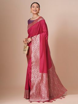 Akhilam - Pink Women's Silk Blend Woven Saree with Unstitched Blouse