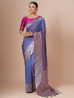 Akhilam - Blue Women's Silk Blend Woven Saree with Unstitched Blouse