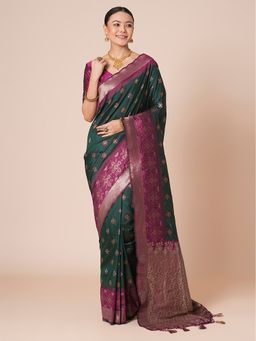 Akhilam - Green Women's Silk Blend Woven Saree with Unstitched Blouse