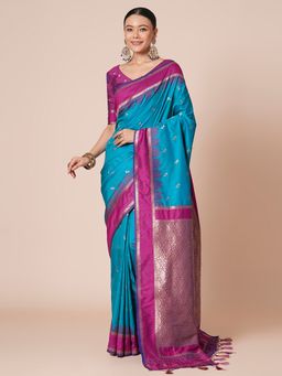 Akhilam - Blue Women's Silk Blend Woven Saree with Unstitched Blouse