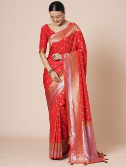 Akhilam - Red Women's Silk Blend Woven Saree with Unstitched Blouse