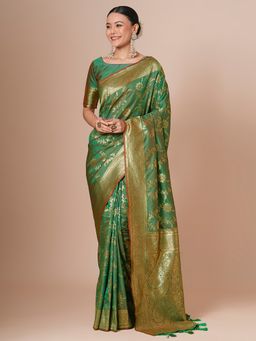 Akhilam - Green Women's Silk Blend Woven Saree with Unstitched Blouse