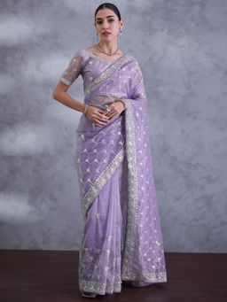 Akhilam - Lavender Women's Net Embellished Saree with Unstitched Blouse
