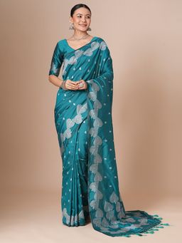 Akhilam - Teal Women's Silk Blend Woven Saree with Unstitched Blouse