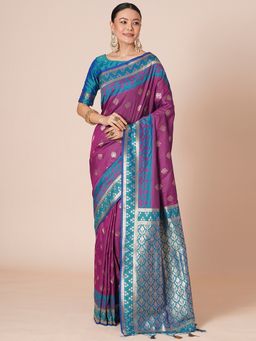 Akhilam - Purple Women's Silk Blend Woven Saree with Unstitched Blouse
