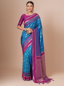 Akhilam - Blue Women's Silk Blend Woven Saree with Unstitched Blouse