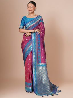 Akhilam - Magenta Women's Silk Blend Woven Saree with Unstitched Blouse