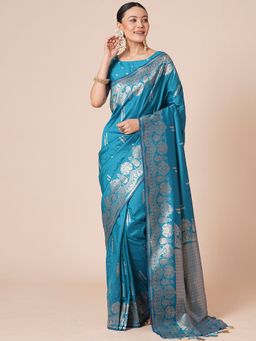 Akhilam - Blue Women's Silk Blend Woven Saree with Unstitched Blouse