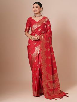 Akhilam - Red Women's Silk Blend Woven Saree with Unstitched Blouse