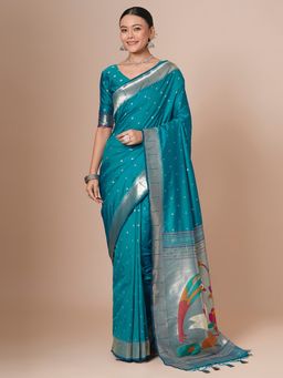 Akhilam - Turquoise Women's Silk Blend Woven Saree with Unstitched Blouse