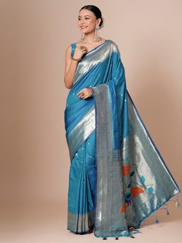 Akhilam - Blue Women's Silk Blend Woven Saree with Unstitched Blouse