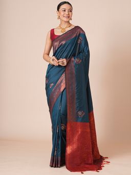 Akhilam - Teal Women's Silk Blend Woven Saree with Unstitched Blouse