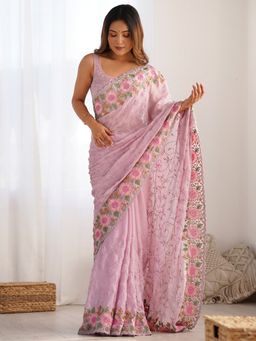 Akhilam - Pink Women's Georgette Embellished Saree with Unstitched Blouse