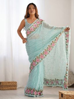 Akhilam - Blue Women's Georgette Embellished Saree with Unstitched Blouse