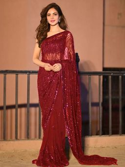 Akhilam - Red Women's Georgette Embellished Saree with Unstitched Blouse