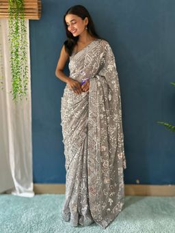Akhilam - Grey Women's Georgette Embellished Saree with Unstitched Blouse