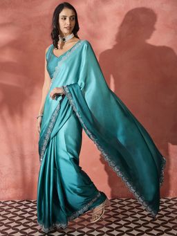 Akhilam - Turquoise Women's Satin Silk Embellished Saree with Unstitched Blouse