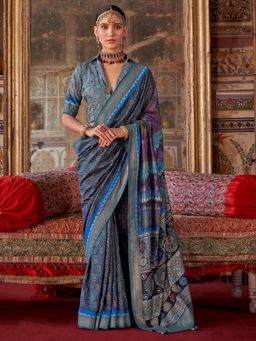 Akhilam - Blue Women's Silk Blend Printed Saree with Unstitched Blouse