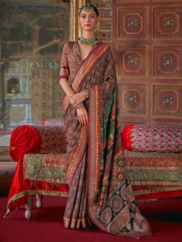 Akhilam - Brown Women's Silk Blend Printed Saree with Unstitched Blouse