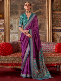 Akhilam - Magenta Women's Silk Blend Printed Saree with Unstitched Blouse