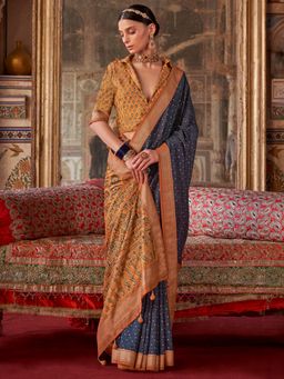 Akhilam - Navy Blue Women's Silk Blend Printed Saree with Unstitched Blouse
