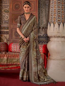 Akhilam - Brown Women's Silk Blend Coffee Printed Saree with Unstitched Blouse