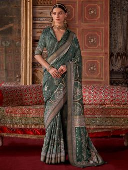 Akhilam - Green Women's Silk Blend Printed Saree with Unstitched Blouse