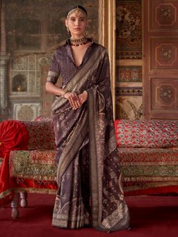 Akhilam - Brown Women's Silk Blend Printed Saree with Unstitched Blouse
