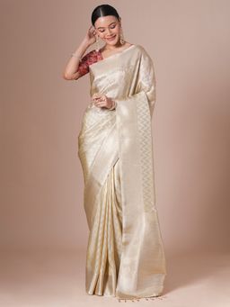 Akhilam - Cream Women's Tissue Woven Saree with Unstitched Blouse