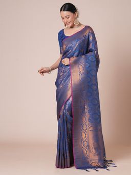 Akhilam - Navy Blue Women's Silk Blend Woven Saree with Unstitched Blouse