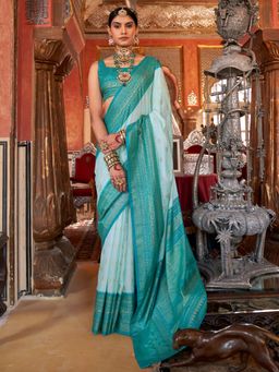Akhilam - Turquoise Women's Silk Blend Woven Saree with Unstitched Blouse