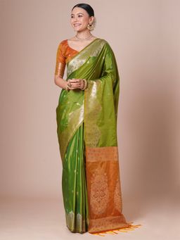 Akhilam - Green Women's Tussar Silk Woven Saree with Unstitched Blouse