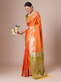 Akhilam - Orange Women's Tussar Silk Woven Saree with Unstitched Blouse
