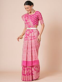 Akhilam - Pink Women's Cotton Linen Woven Saree with Unstitched Blouse