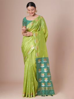 Akhilam - Green Women's Tussar Silk Woven Saree with Unstitched Blouse