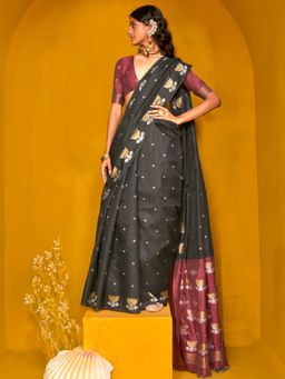 Akhilam - Black Women's Tussar Silk Woven Saree with Unstitched Blouse