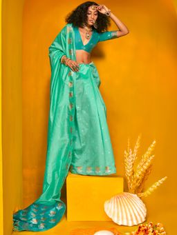 Akhilam - Green Women's Tussar Silk Woven Saree with Unstitched Blouse