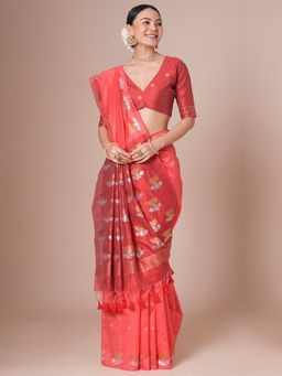 Akhilam - Pink Women's Tussar Silk Woven Saree with Unstitched Blouse