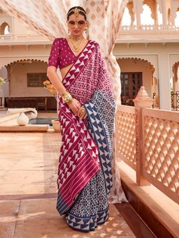 Akhilam - Magenta Women's Silk Blend Printed Saree with Unstitched Blouse
