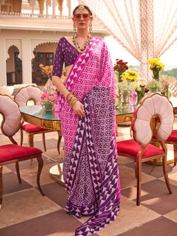 Akhilam - Pink Women's Silk Blend Printed Saree with Unstitched Blouse