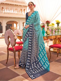 Akhilam - Blue Women's Silk Blend Printed Saree with Unstitched Blouse