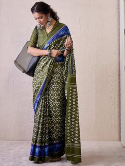 Akhilam - Olive Women's Cotton Blend Printed Saree with Unstitched Blouse