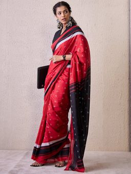 Akhilam - Red Women's Cotton Blend Printed Saree with Unstitched Blouse