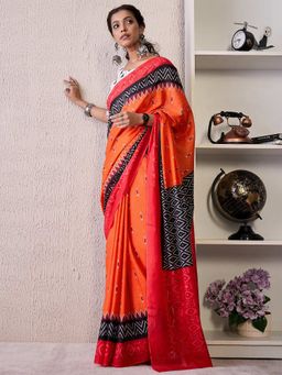 Akhilam - Orange Women's Cotton Blend Printed Saree with Unstitched Blouse