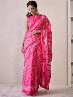 Akhilam - Pink Women's Cotton Blend Printed Saree with Unstitched Blouse
