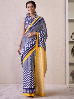 Akhilam - Blue Women's Cotton Blend Printed Saree with Unstitched Blouse