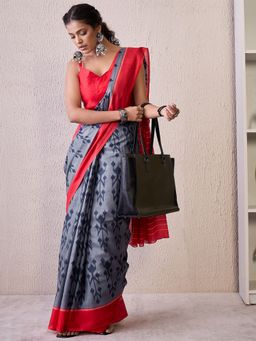 Akhilam - Grey Women's Cotton Blend Printed Saree with Unstitched Blouse