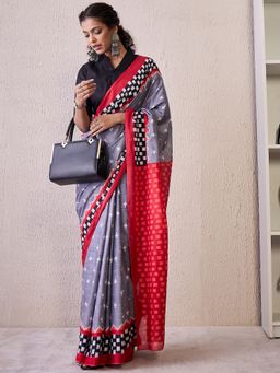Akhilam - Grey Women's Cotton Blend Printed Saree with Unstitched Blouse