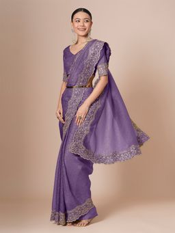 Akhilam - Lavender Women's Poly Chiffon Embroiderer with Unstitched Blouse